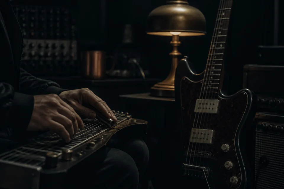 Generic generated music studio scene showing the suggested placement for a personal studio photograph